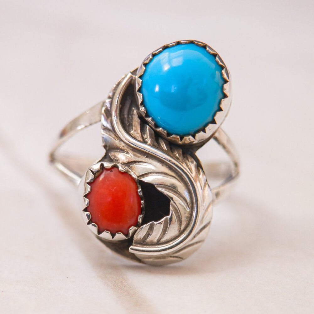 Prince Trading Co “P” Sterling Turquoise/Coral Ring, Size 7.75 (22mm)